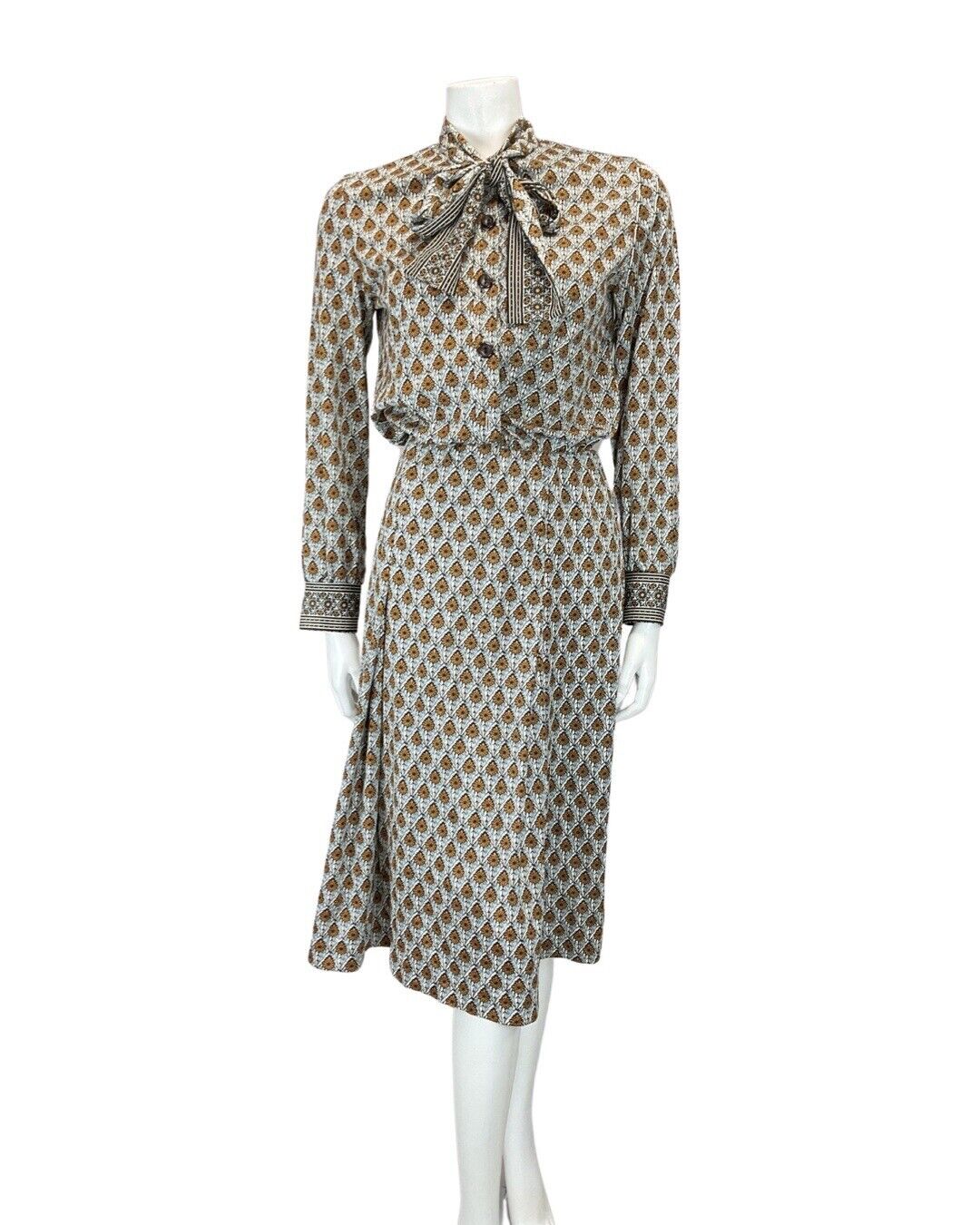 VINTAGE 60s 70s GREY ORANGE GEOMETRIC FLORAL PUSSYBOW BLOUSON SHIRT DRESS 8