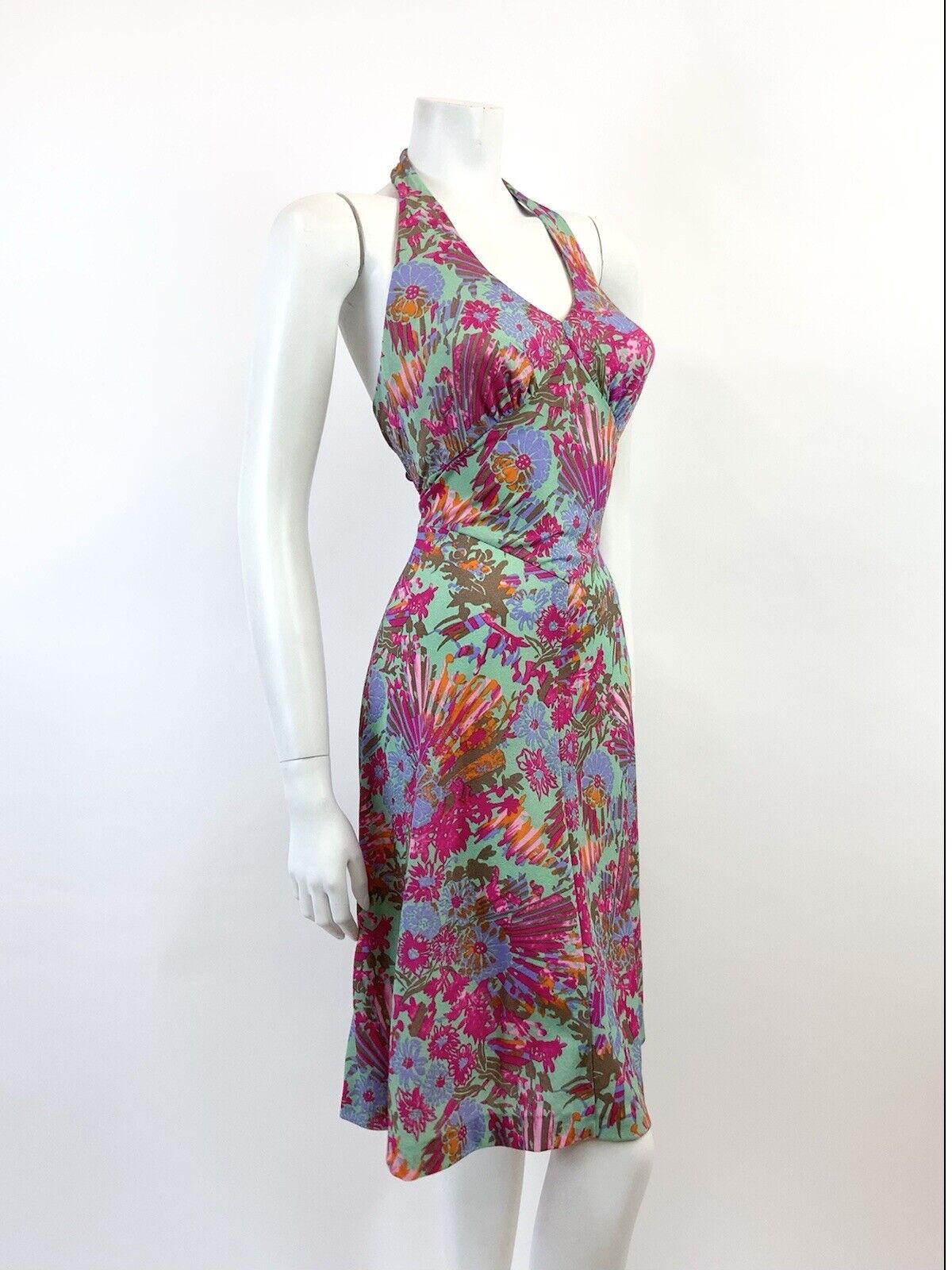 VINTAGE 60s 70s GREEN PINK ORANGE FLORAL HAWAIIAN HALTER MOD SWING DRESS 8 10