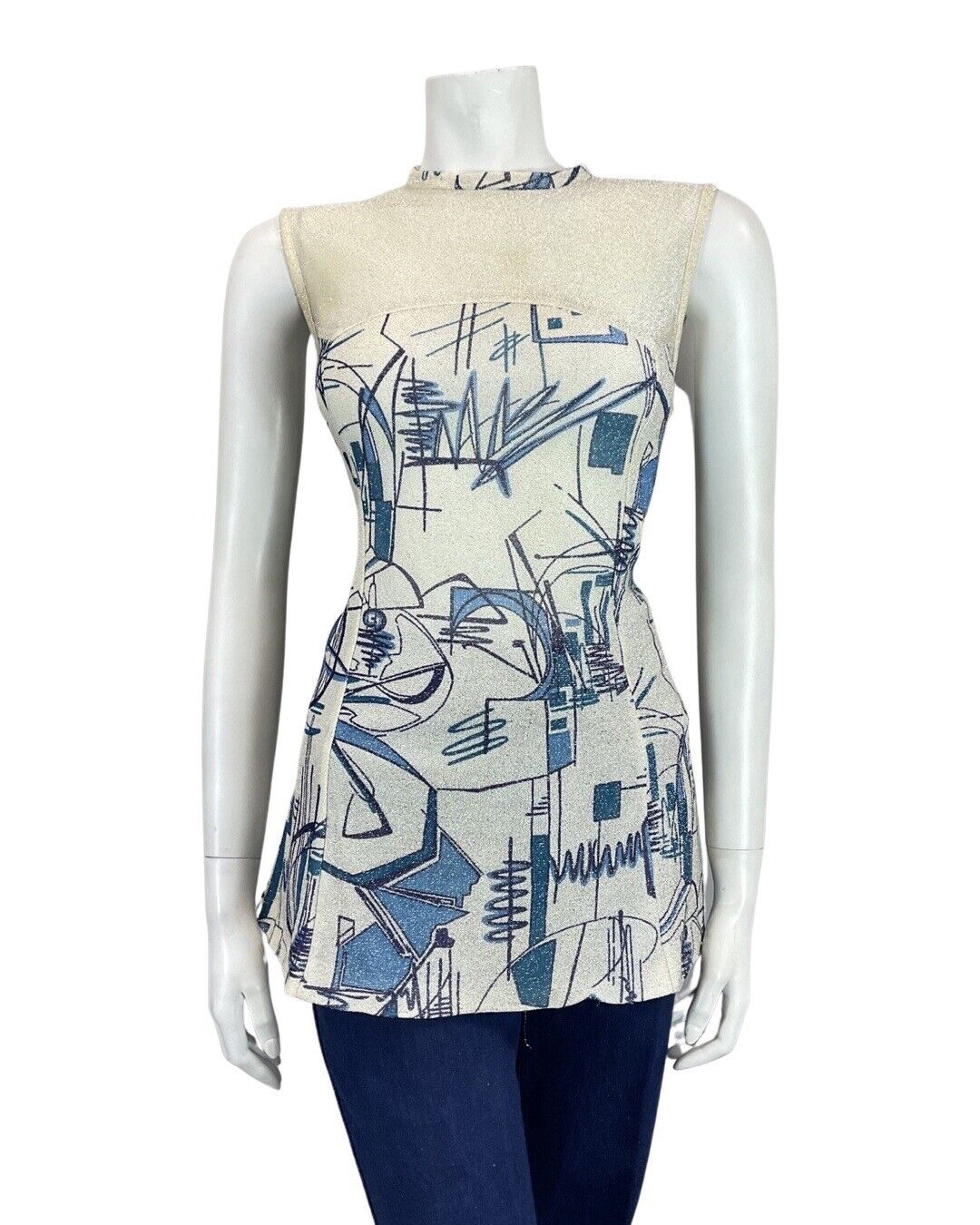 VINTAGE 60s 70s WHITE SILVER BLUE GEOMETRIC MOD LUREX SLEEVELESS TUNIC TOP 8 10