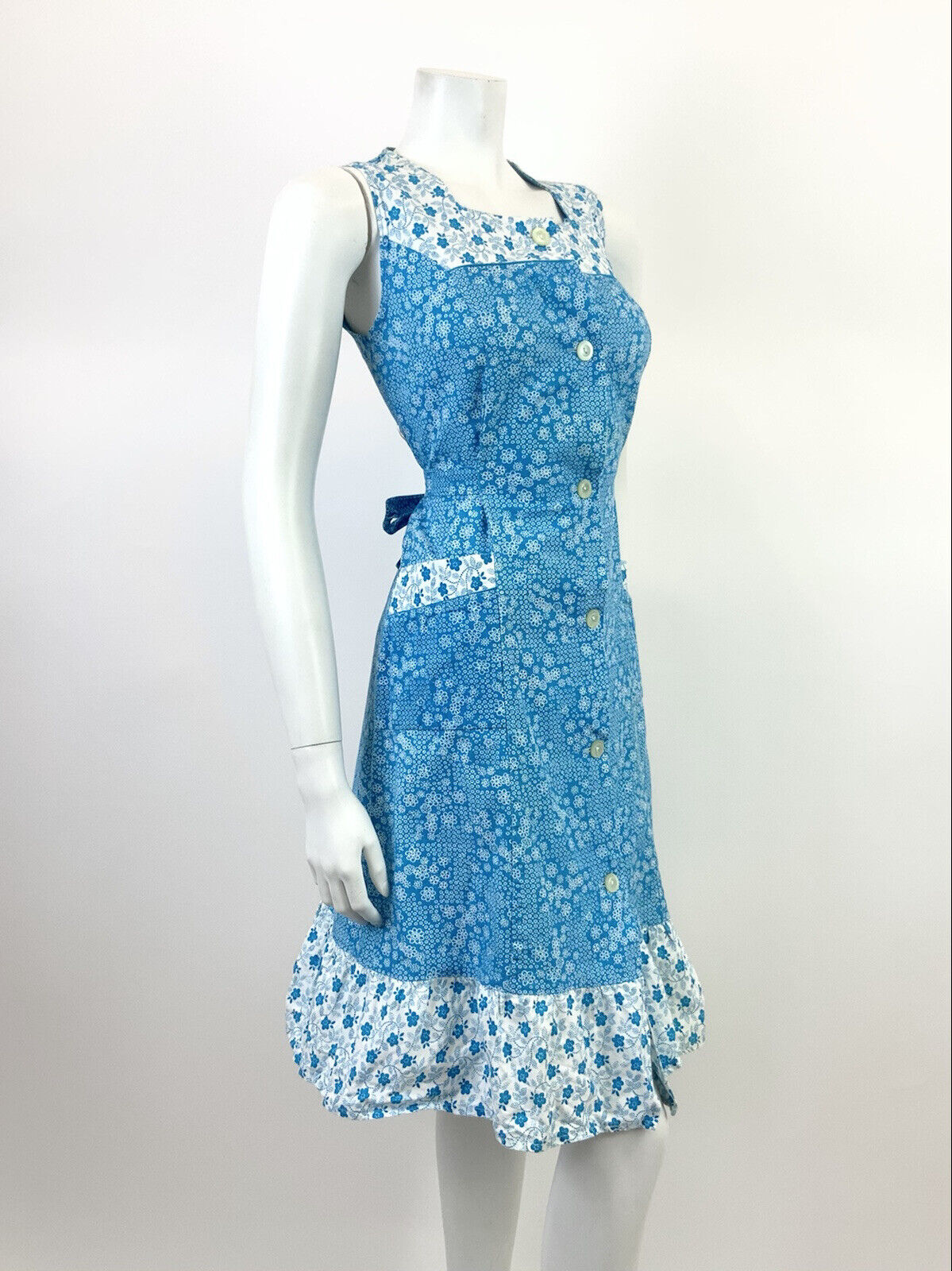 VINTAGE 60s 70s BRIGHT BLUE WHITE DOTTY FLORAL SLEEVELESS MOD SUMMER DRESS 10 12