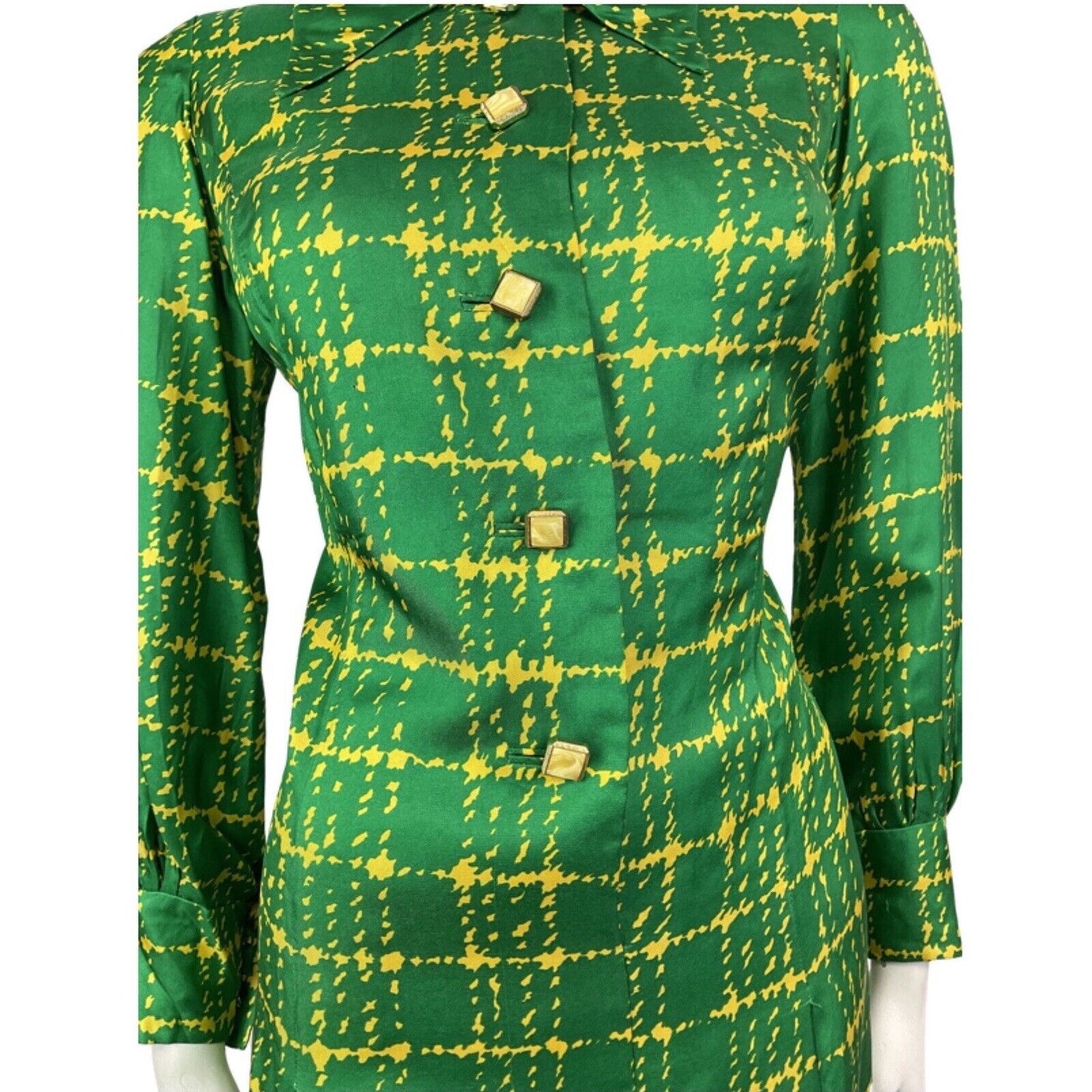 VINTAGE 60s 70s GREEN YELLOW CHECKED MOD DAGGER COLLAR SHIRT DRESS 12 14