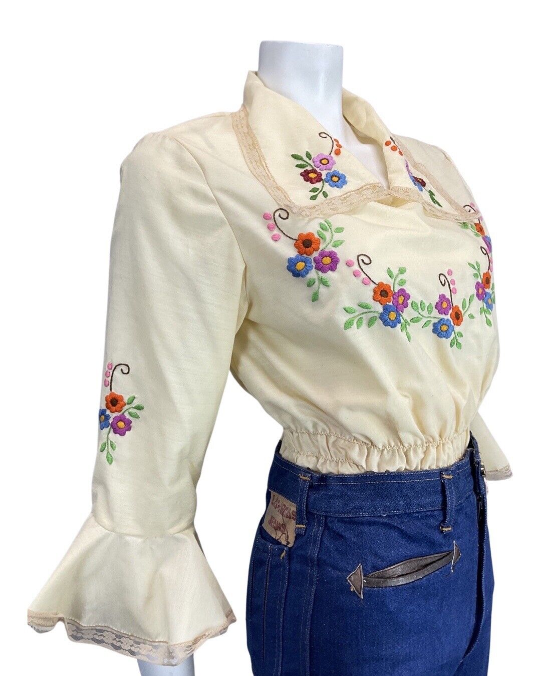 VINTAGE 70s CREAM PURPLE RED FLORAL EMBROIDERED PRAIRIE BOHO FOLK BLOUSE 10 12
