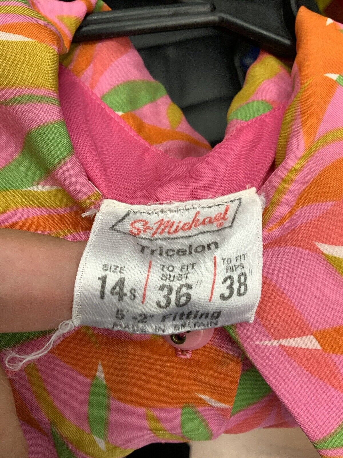 VTG 60s 70s PINK GREEN ORANGE PSYCHEDELIC LEAFY DAGGER SHIRT SHIFT DRESS 10 12