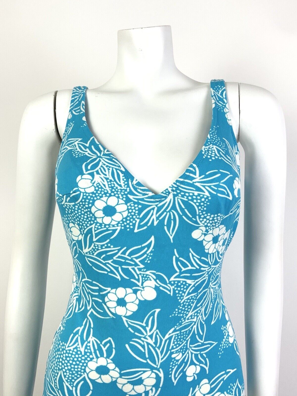 VTG 60s 70s BLUE WHITE FLORAL LEAFY MOD LOW-RISE SWIM BODY SUIT 9 10