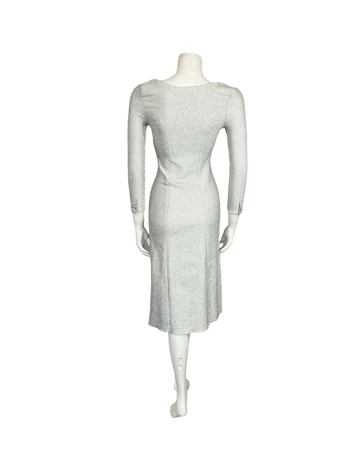 VTG 60S 70S SWEETHEART 3/4 SLEEVE DISCO GLITTERY WHITE LUREX PARTY MIDI DRESS 4
