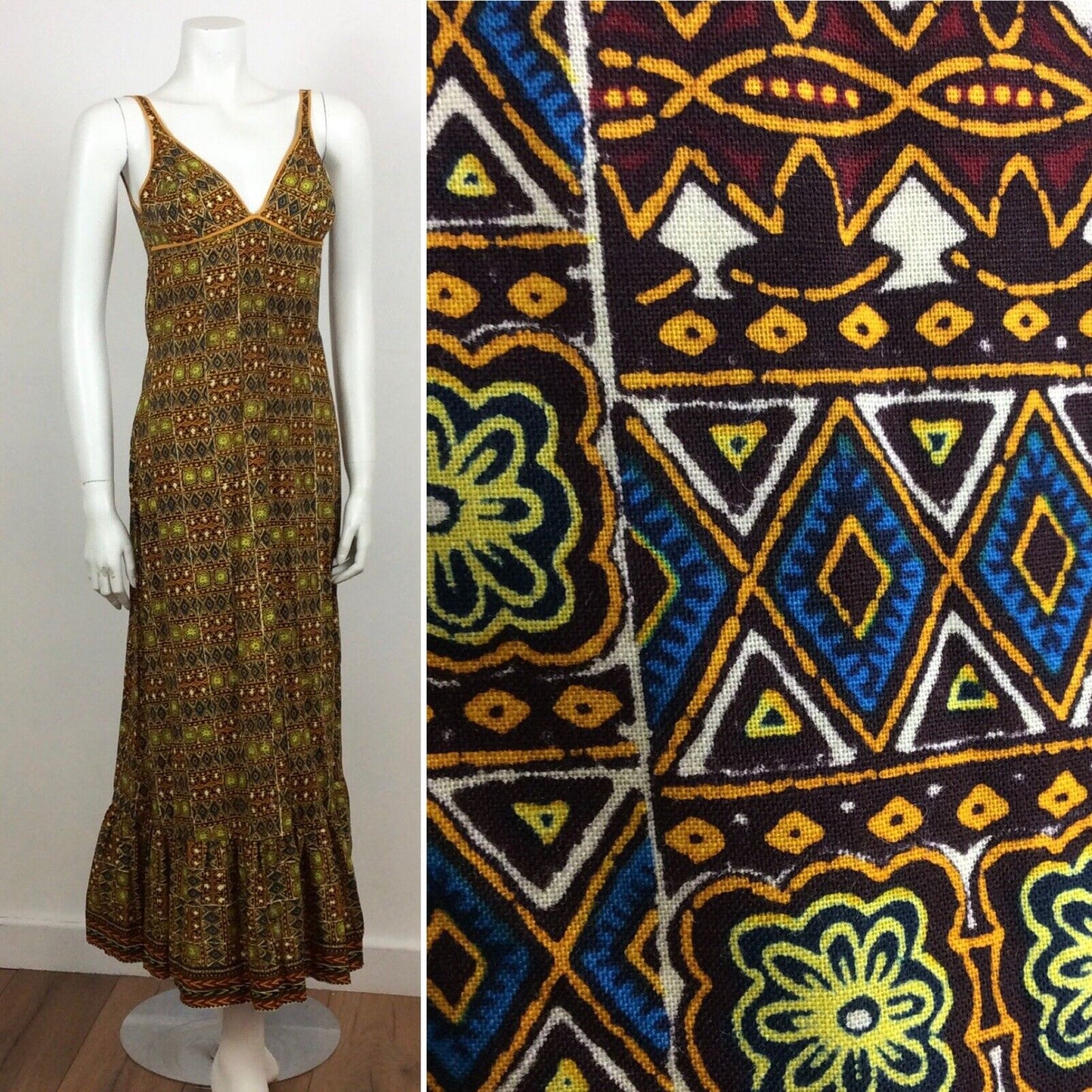 60S 70s VTG BROWN ORANGE BATIK PRINT FESTIVAL TRIBAL BOHO MAXI DRESS 10 12