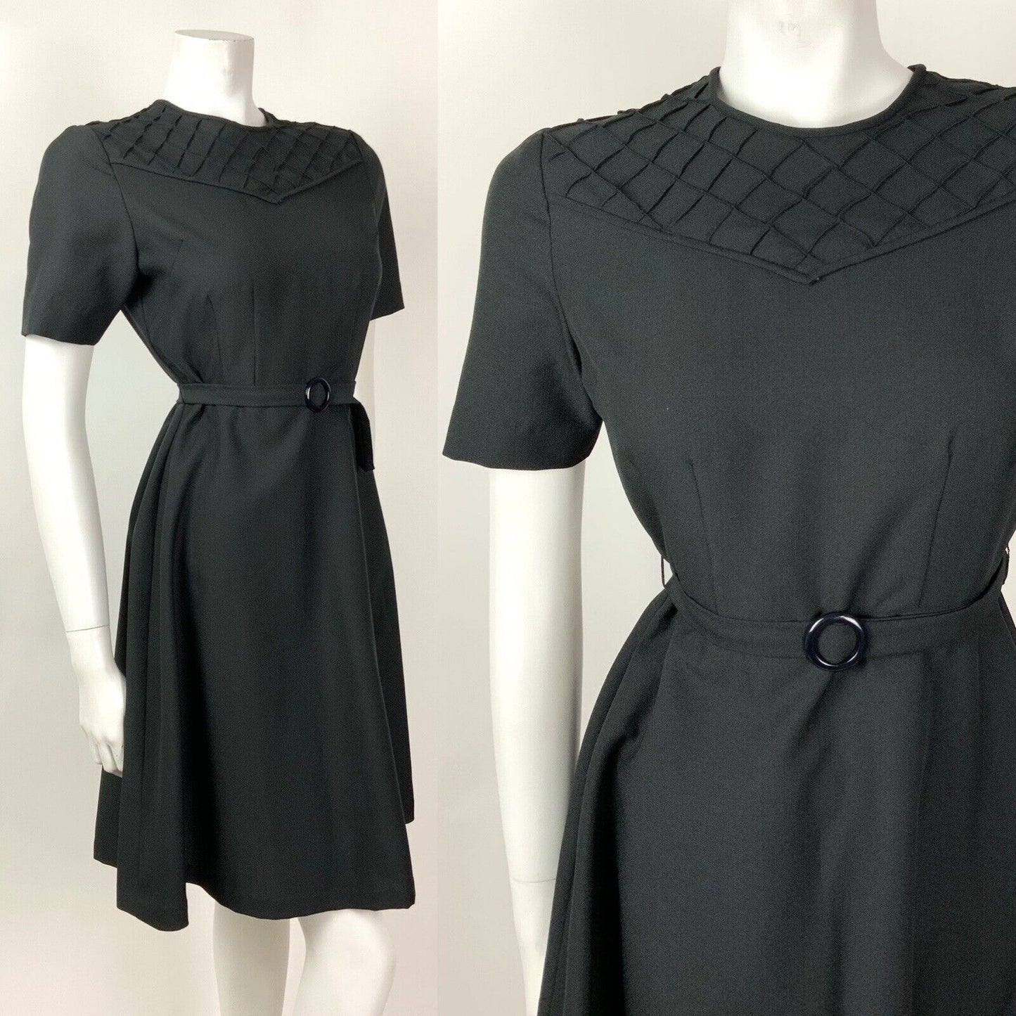 VINTAGE 60s 70s BLACK GRID CHECKED BELTED MOD SWING DRESS 10