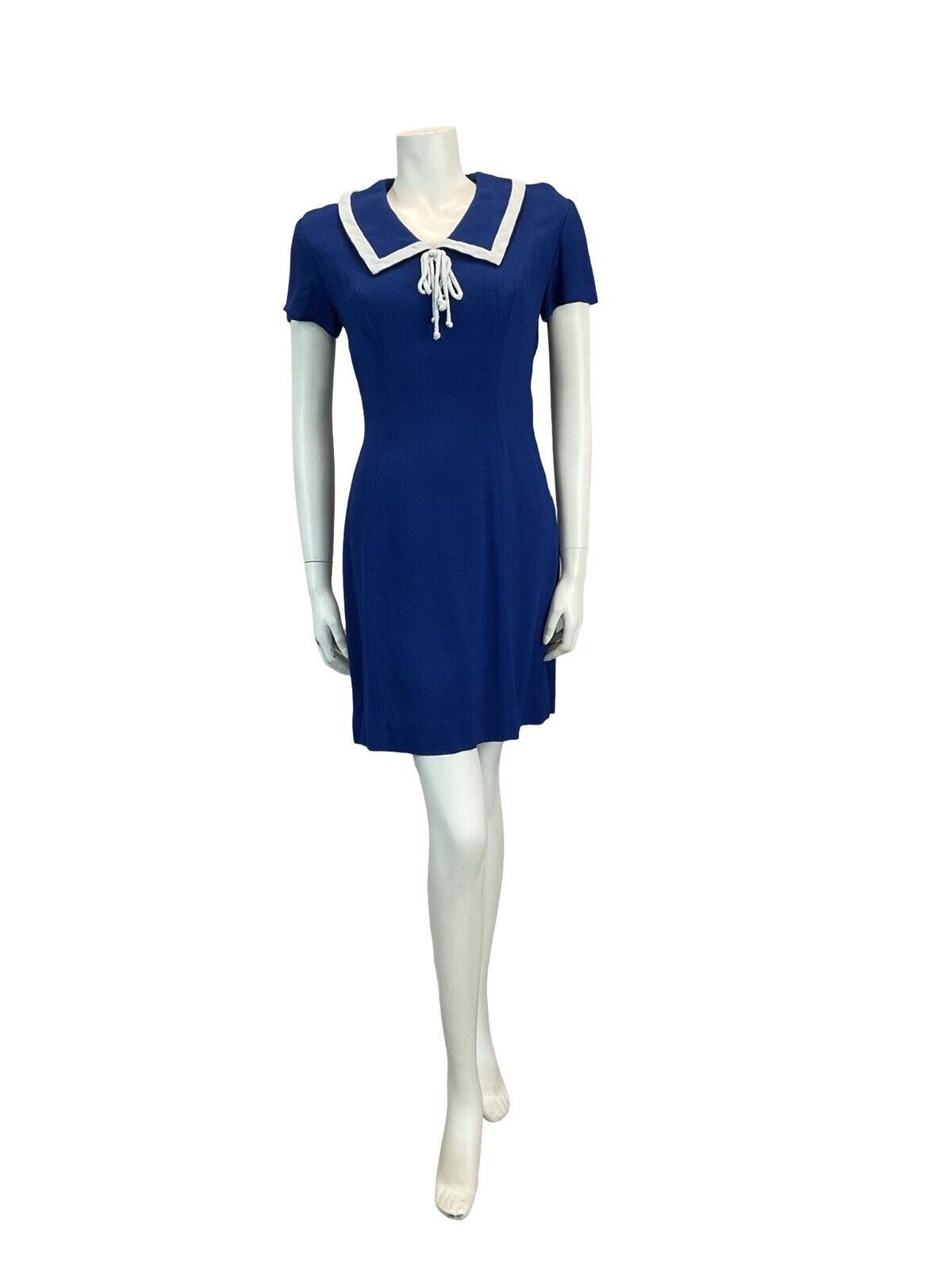 VTG 60S 70S ROYAL BLUE NAUTICAL LINEN FEEL MINI DRESS MOD GOGO SCOOTER 8 10