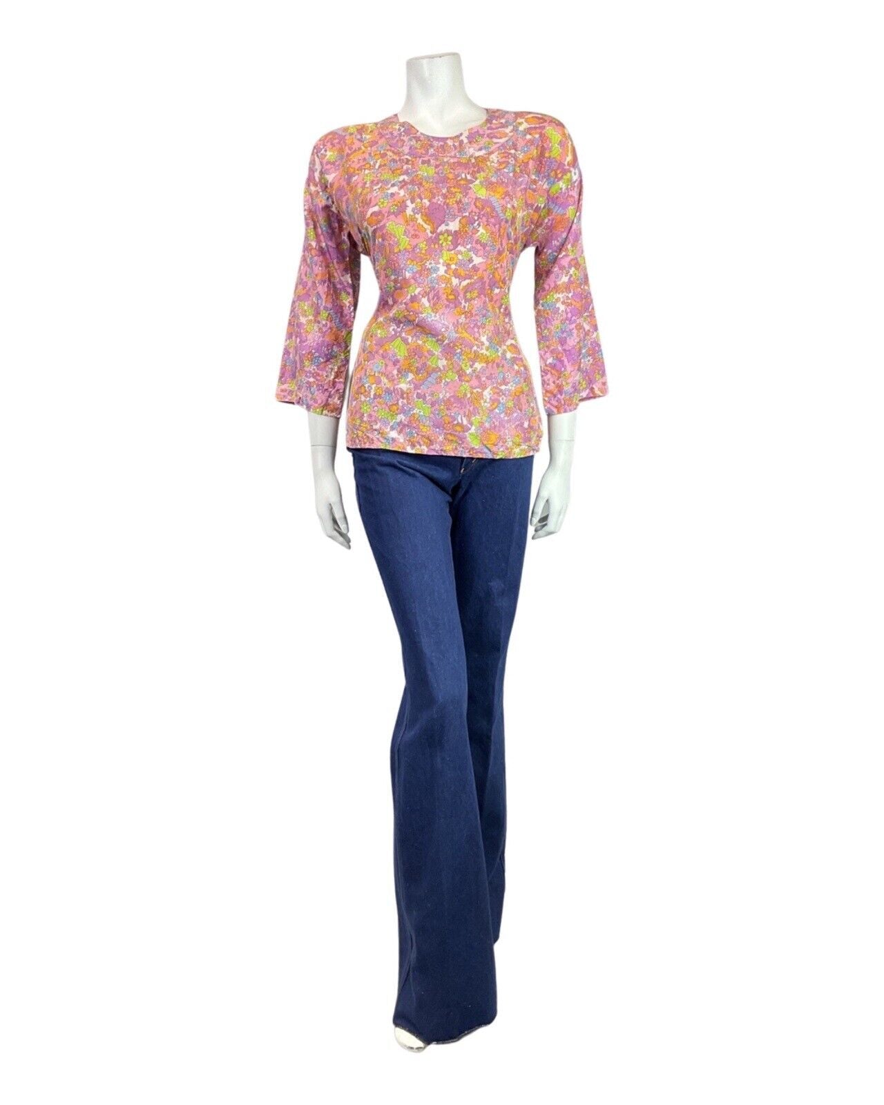 VINTAGE 60s 70s PINK PURPLE GREEN DITSY FLOWER PSYCHEDELIC BLOUSE TOP 14