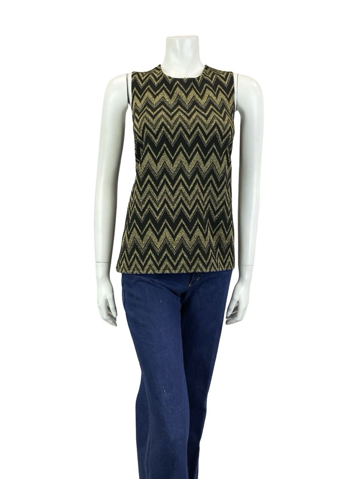 VTG 70S BLACK GOLD GEOMETRIC ZIG ZAG CHEVRON METALLIC DISCO PARTY TANK TOP 8