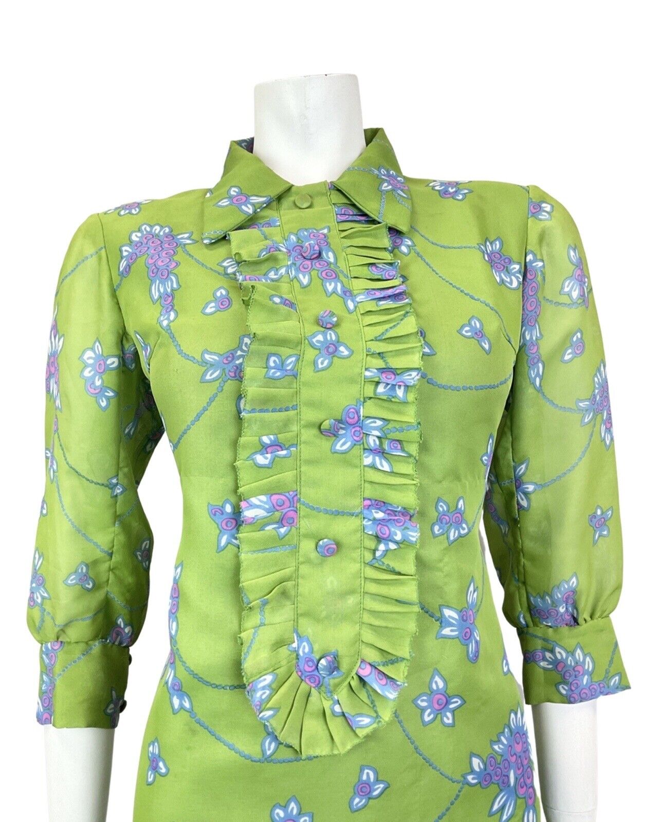 VINTAGE 60s 70s GREEN BLUE FLORAL MOD DAGGER COLLAR RUFFLED SHIFT DRESS 10 12