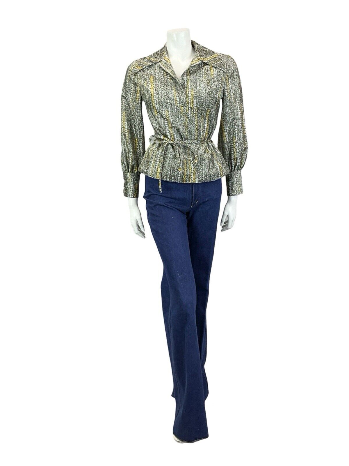 VTG 70S SILVER GOLD SPOTTY METALLIC DAGGER COLLAR BISHOP SLEEVE PARTY SHIRT 8