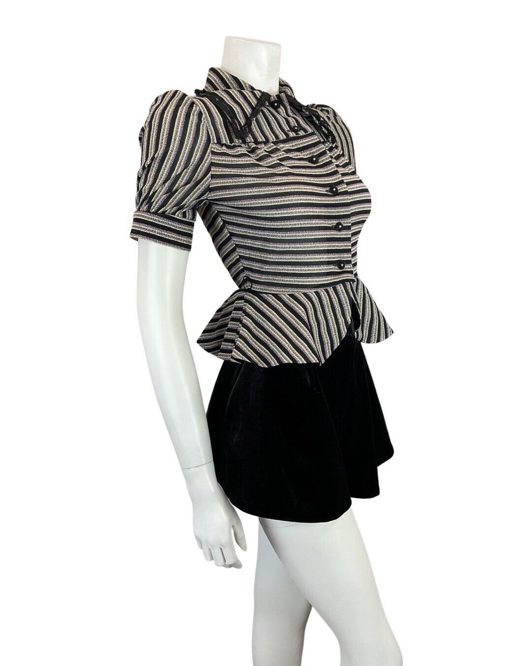 VINTAGE 60s 70s BLACK BLUE SILVER STRIPED MOD PARTY PEPLUM LUREX BLOUSE 8 10