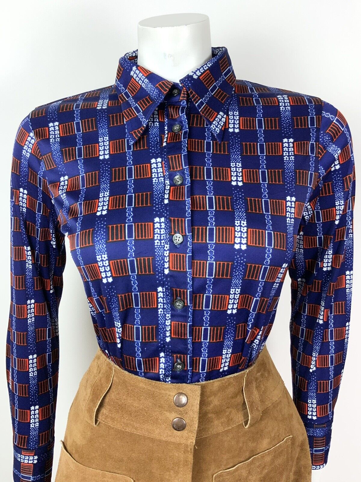 VINTAGE 60s 70s DARK BLUE RED WHITE GEOMETRIC STRIPE FLORAL DAGGER SHIRT 10 12