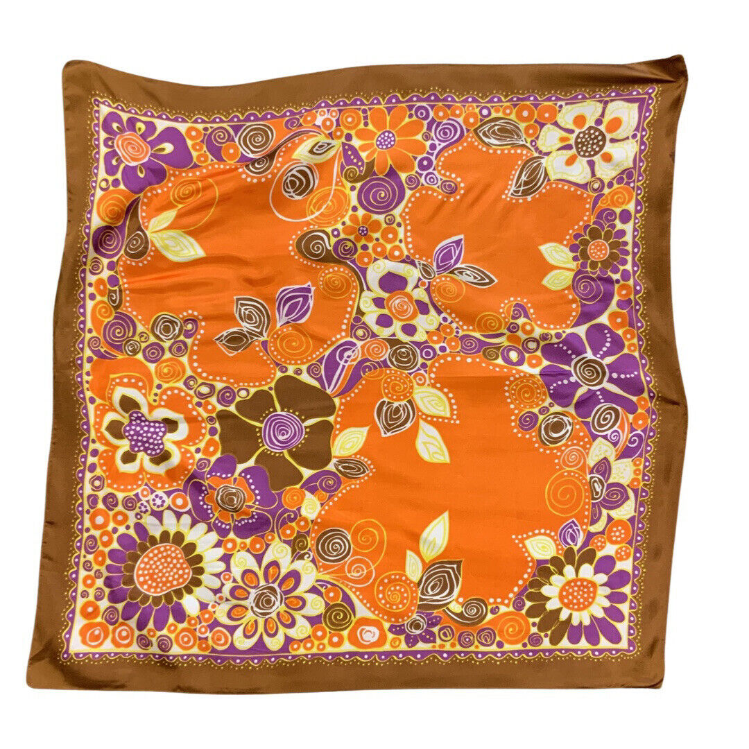 VINTAGE 60s 70s PYSCHEDELIC ORANGE, WHITE AND PURPLE FLOWER POWER FLORAL SCARF
