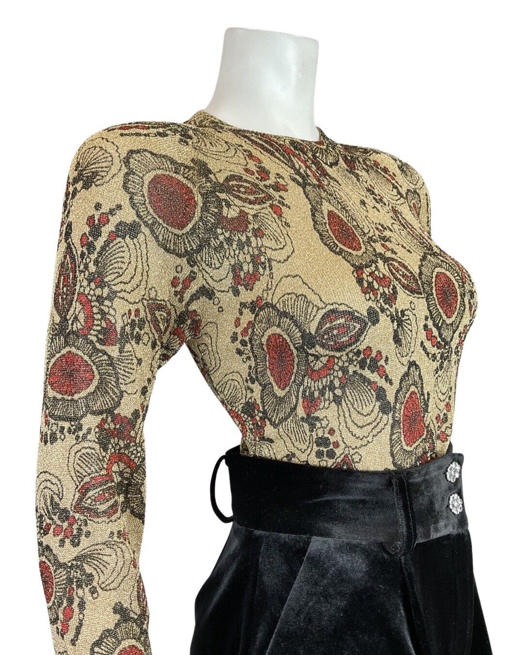VINTAGE 60s 70s GOLD BLACK RED PSYCHEDELIC FLORAL LONGSLEEVE LUREX BLOUSE 10 12