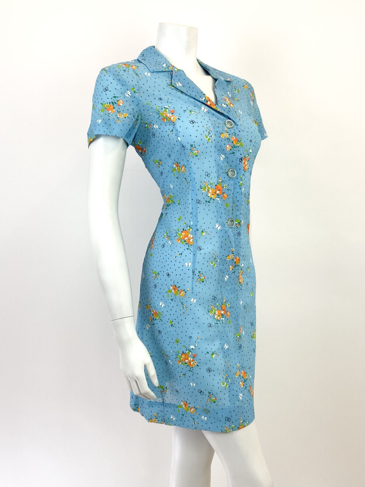VTG 60s 70s BABY BLUE WHITE ORANGE FLORAL BUTTERFLY MOD SHEER SHIRT DRESS 10 12
