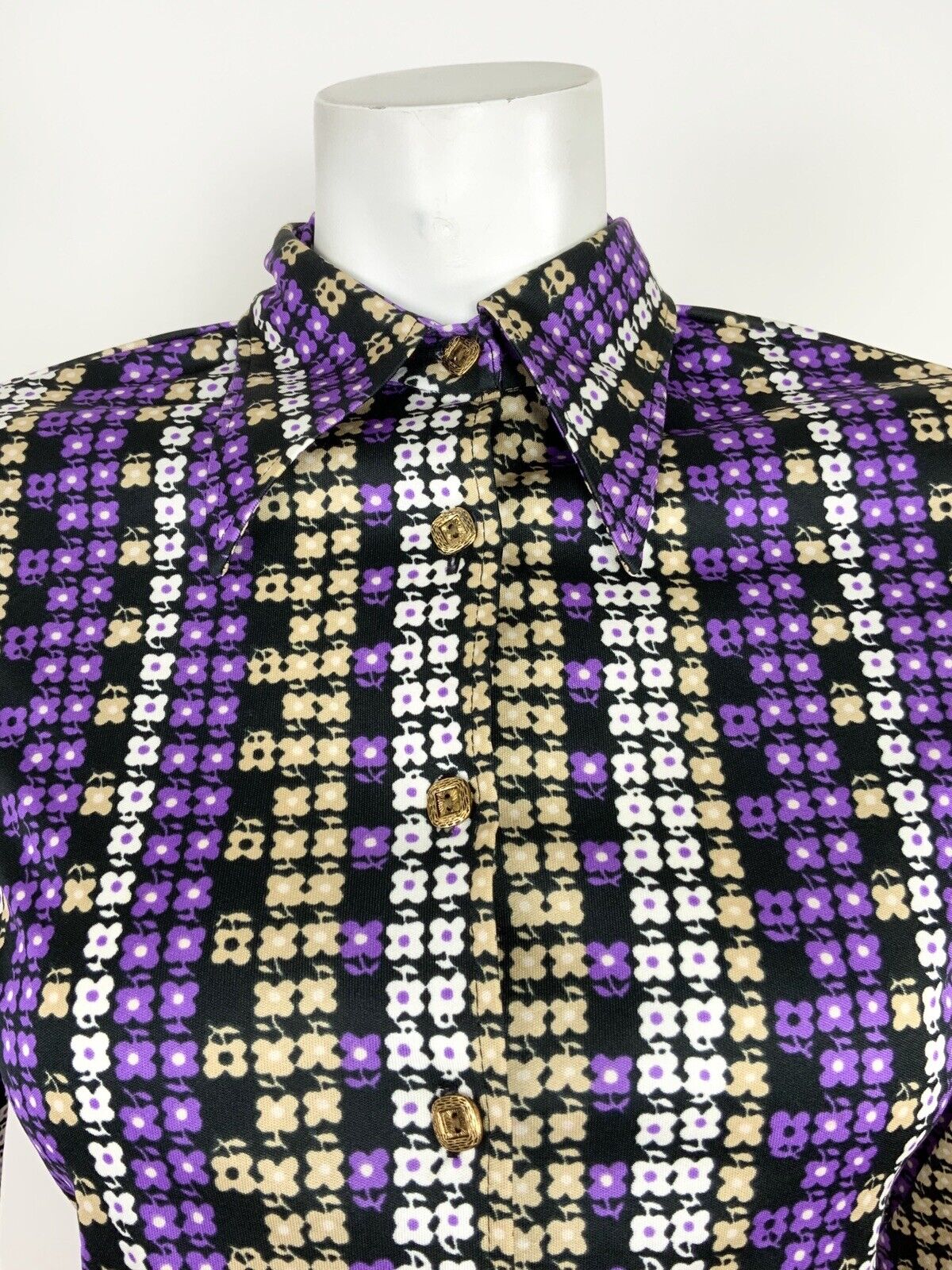 VINTAGE 60s 70s BLACK PURPLE WHITE BEIGE FLORAL PSYCHEDELIC DAISY SHIRT 10 12
