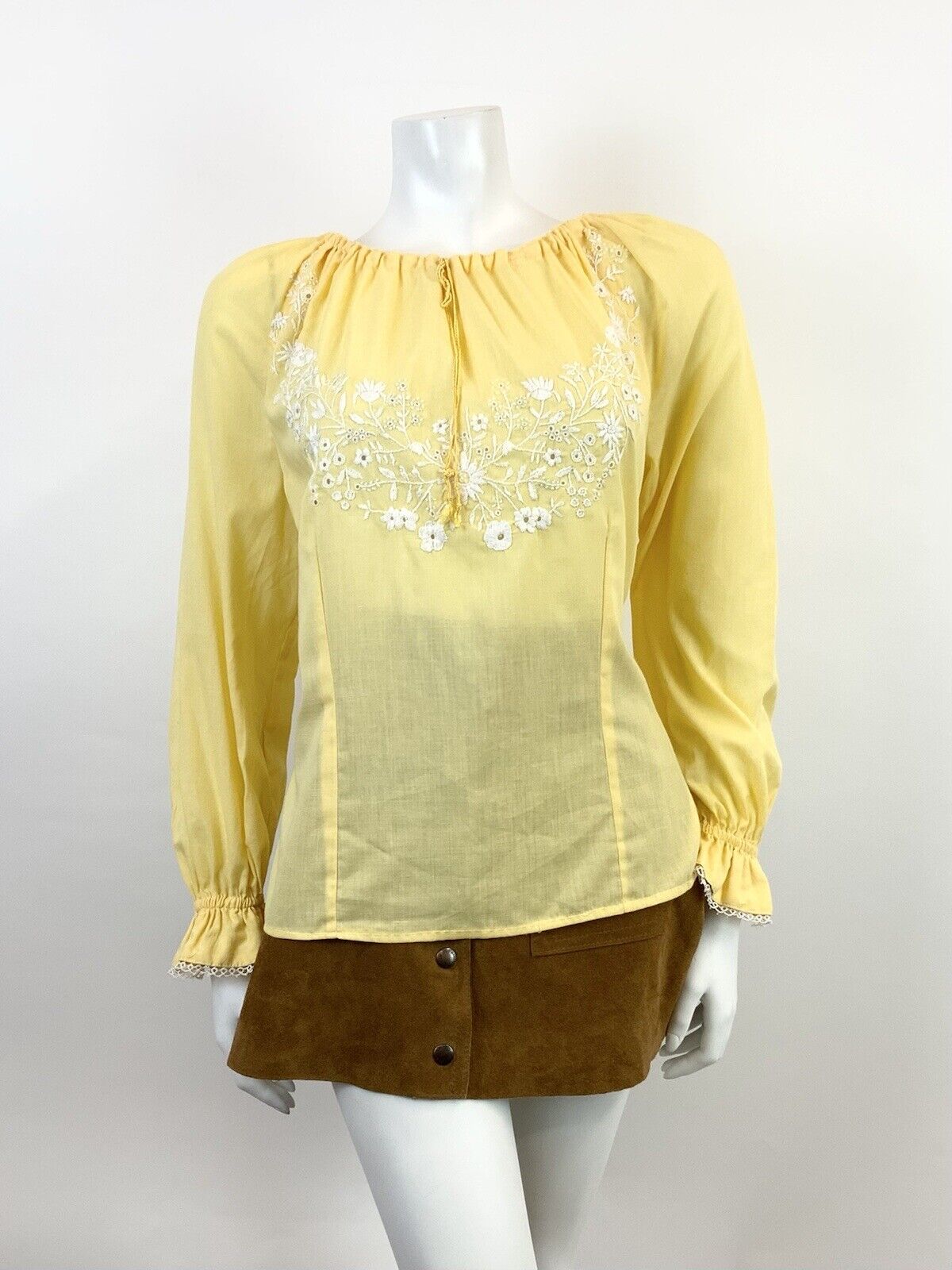 VINTAGE 60s 70s YELLOW WHITE FLORAL ANGLAISE EMBROIDERY BOHO FOLK BLOUSE 14 16