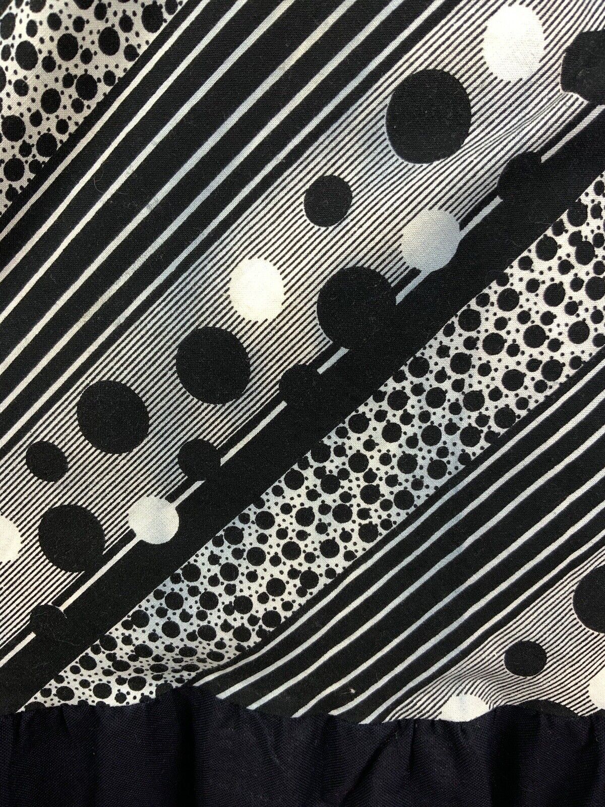 VTG 60s 70s BLACK WHITE STRIPED DOTTY GEOMETRIC FOLK BOHO RUFFLED DRESS 10 12