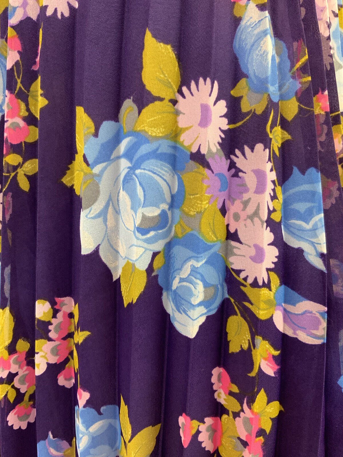 VINTAGE 60s 70s PURPLE BLUE PINK FLORAL ROSE PLEATED BOHO FOLK SHEER DRESS 12 14
