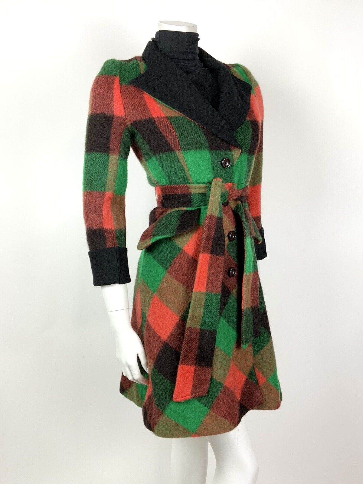 VTG 90s DOES 70S GREEN ORANGE BLACK CHECK BELTED PRINCESS SHORT WOOL COAT 8