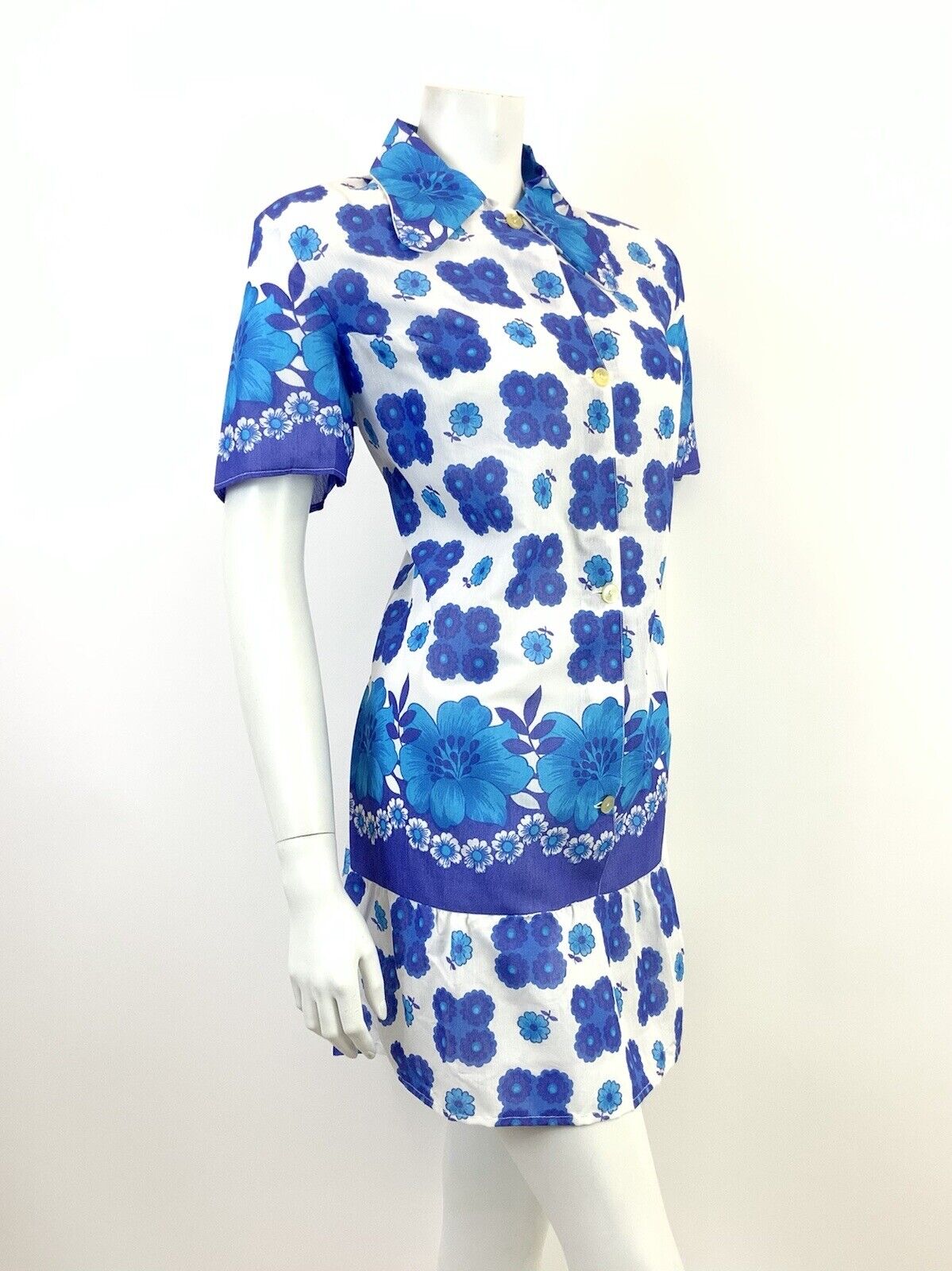 VINTAGE 60s 70s WHITE BLUE PURPLE FLORAL DOG EAR COLLAR MOD SHIRT SHIFT DRESS 16