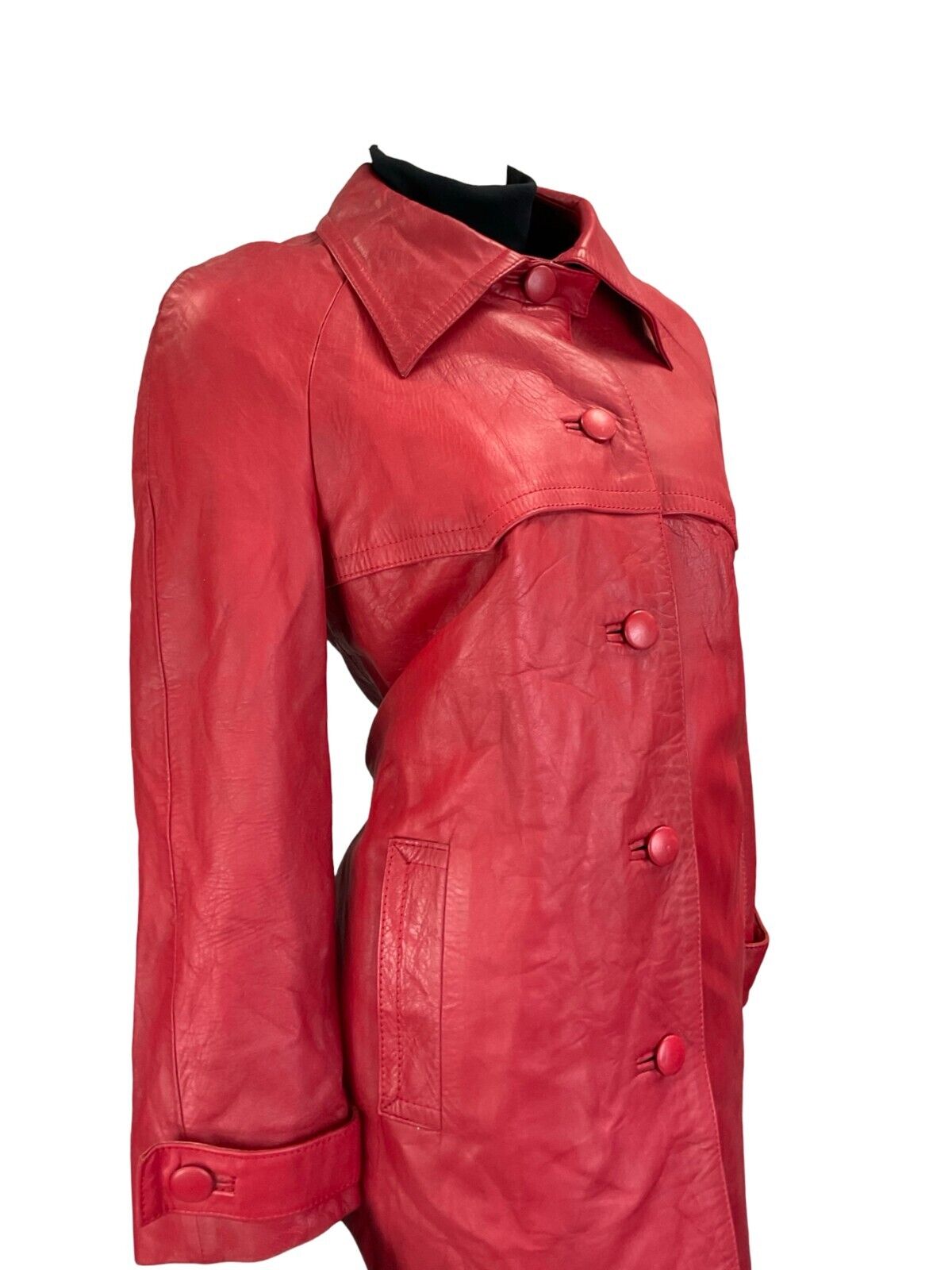 VTG 70S RED LEATHER DAGGER COLLAR BUTTON DOWN MOD COAT SIZE 12
