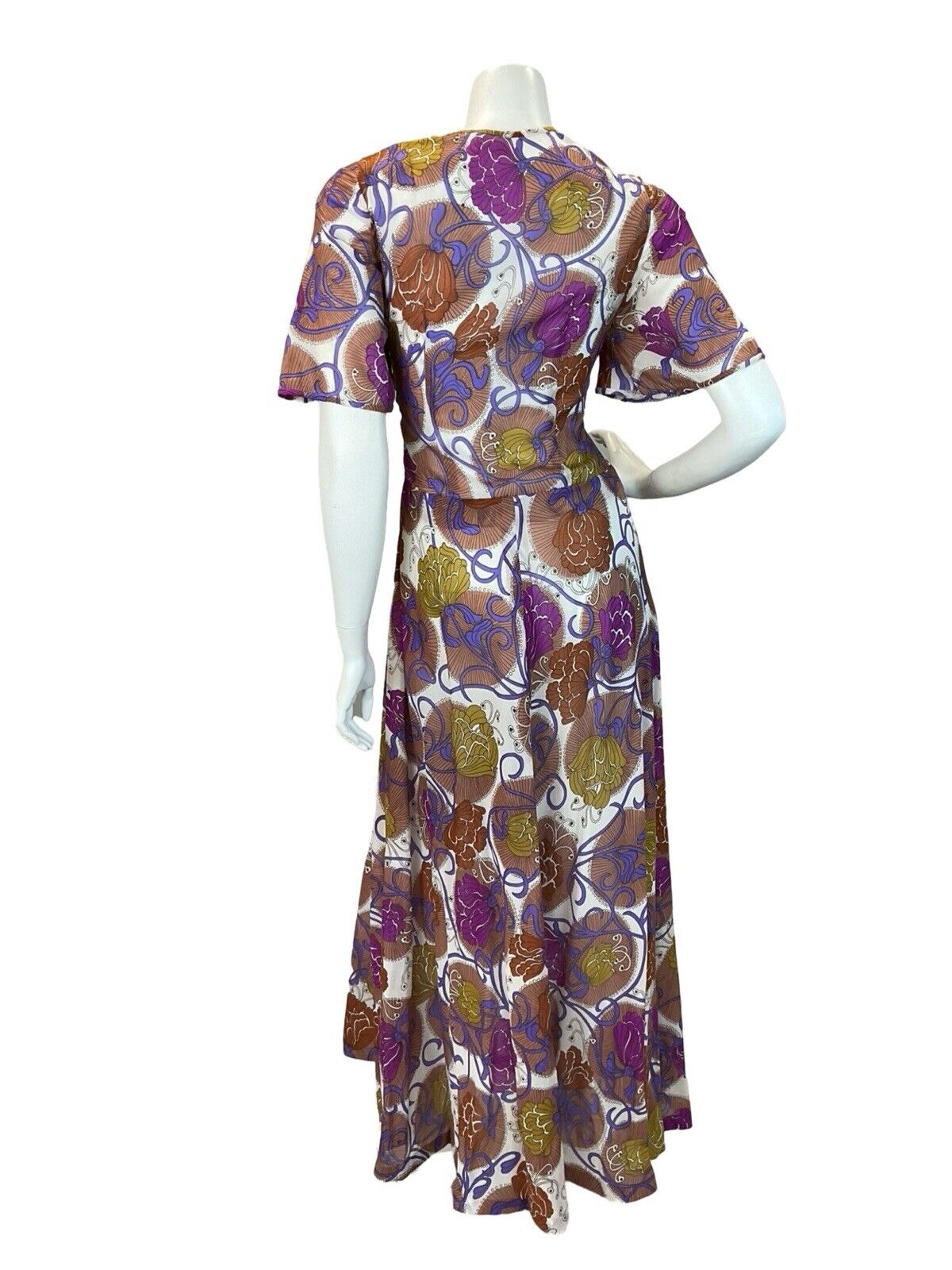 VTG 60s 70s TRIPPY FLORAL PATTERN MULTICOLOUR BUTTERFLY SLEEVE MAXI DRESS 12