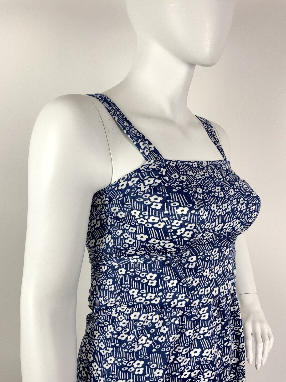 VINTAGE 60s 70s BLUE WHITE FLORAL DITSY DAISY STRIPED STRAPPY MOD SUN DRESS 14