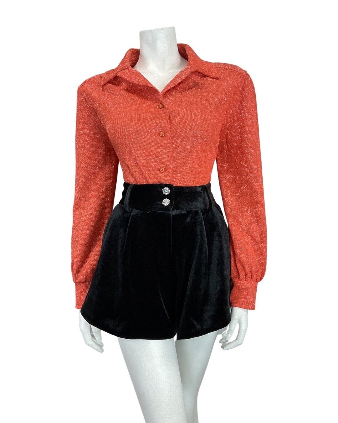 VINTAGE 60s 70s BRIGHT RED GLITTER DISCO LUREX DAGGER COLLAR SHIRT 12