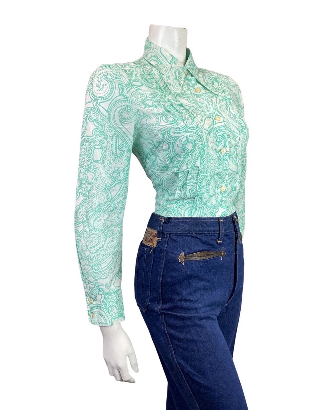 VINTAGE 60s 70s MINT GREEN WHITE PSYCHEDELIC PAISLEY FLORAL DAGGER SHIRT 10