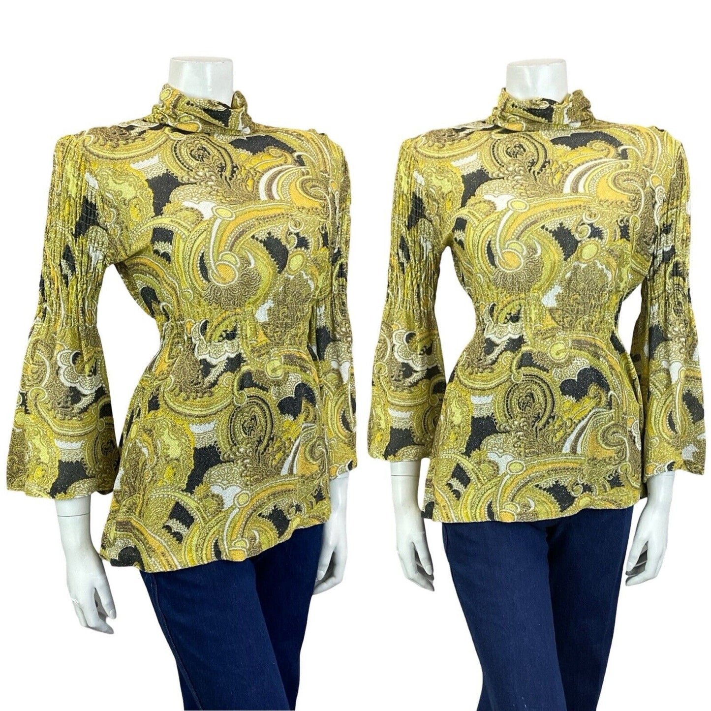 VTG 60S GOLD BLACK WHITE LUREX GLITTERY FLARE SLEEVE RUCHED COLLAR BLOUSE 8