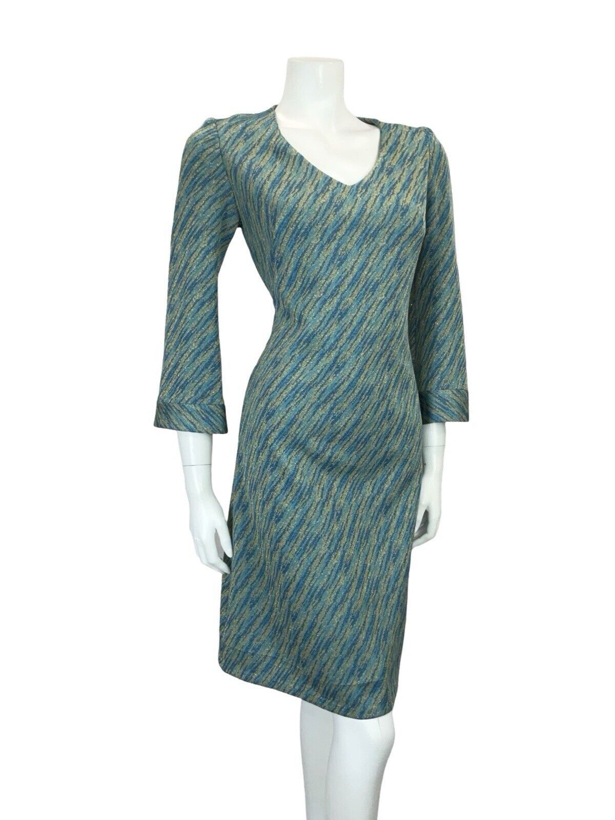 VTG 60S 70S MOD GOGO BLUE TEAL GOLD BELL SLEEVE V NECK PARTY MINI DRESS S 8 10