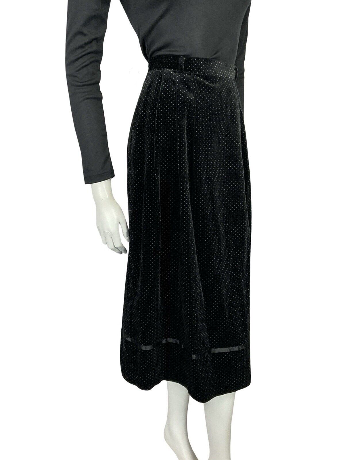 VTG 70S FOLK BOHO BLACK WHITE PIN DOT VELVET RIBBON TRIM MIDI SKIRT 6
