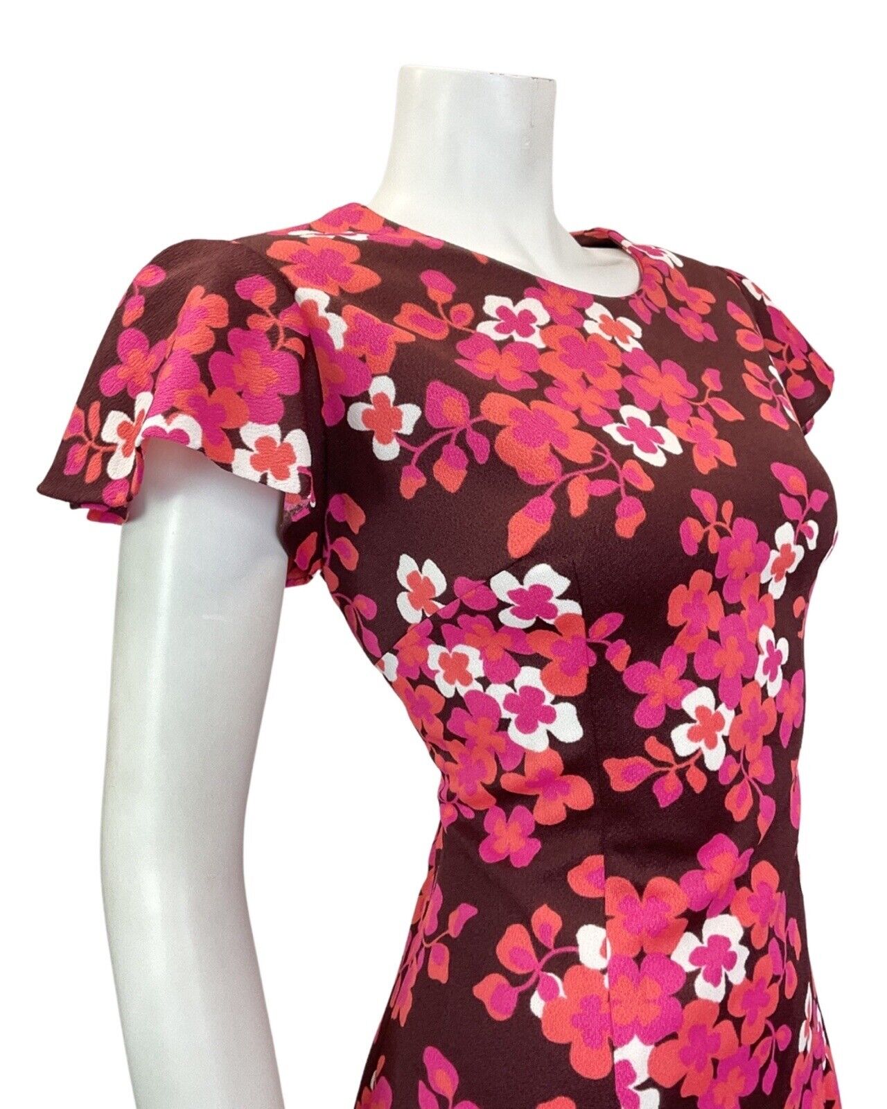 VINTAGE 60s 70s PINK BROWN PURPLE FLORAL BLOSSOM CAPE SLEEVE MOD SHORT DRESS 14