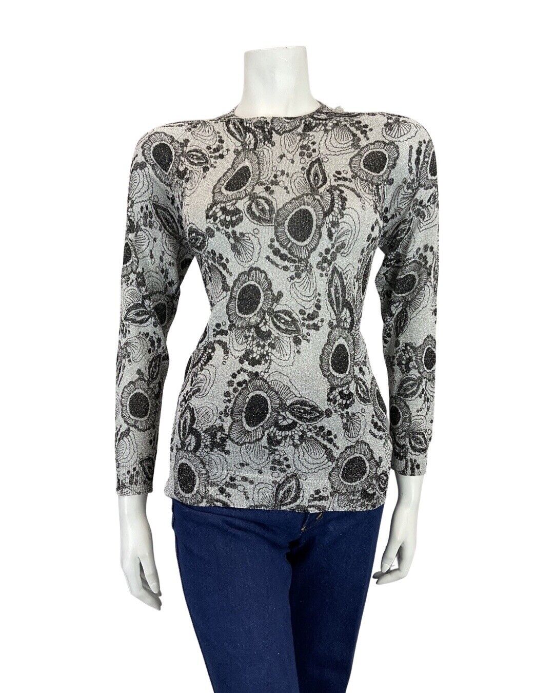 VINTAGE 60s 70s SILVER BLACK PSYCHEDELIC FLORAL MOD KNIT JUMPER TOP 10 12