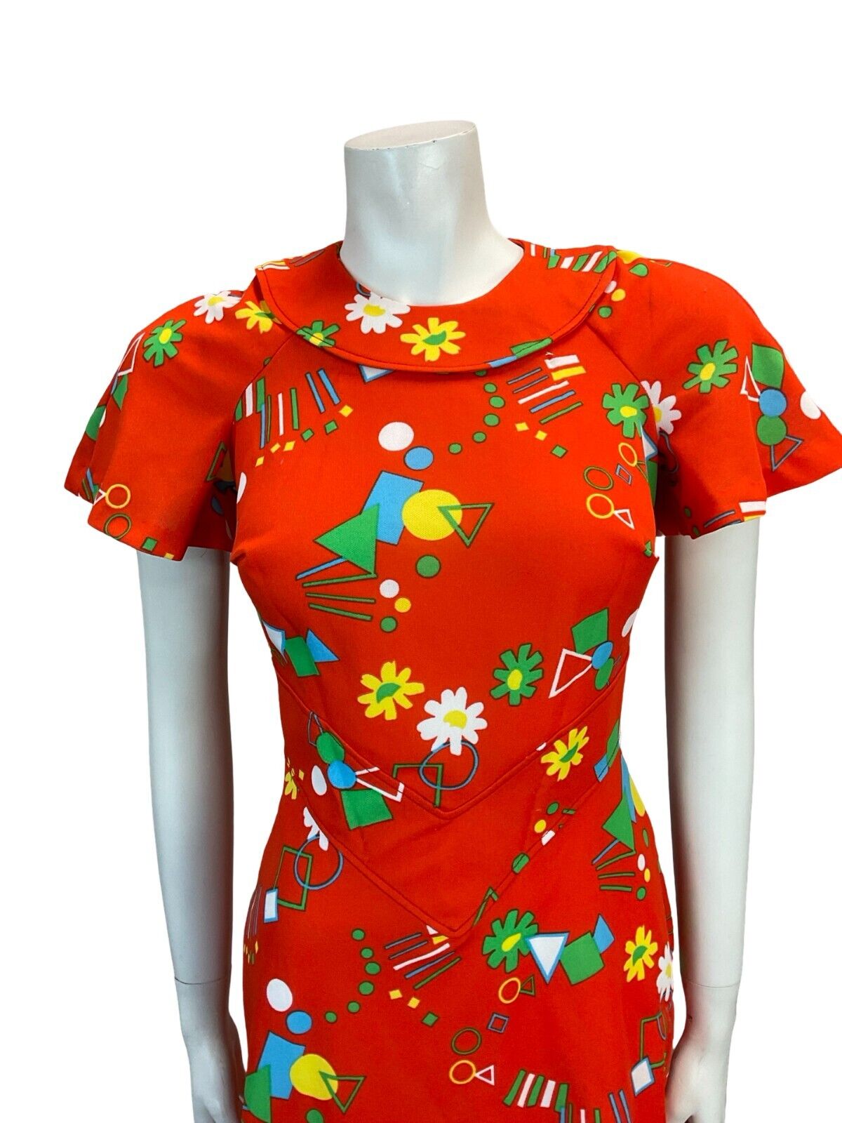 VTG 70S GEOMETRIC FLORAL DAISY MINI DRESS RED GREEN BLUE YELLOW 6 8
