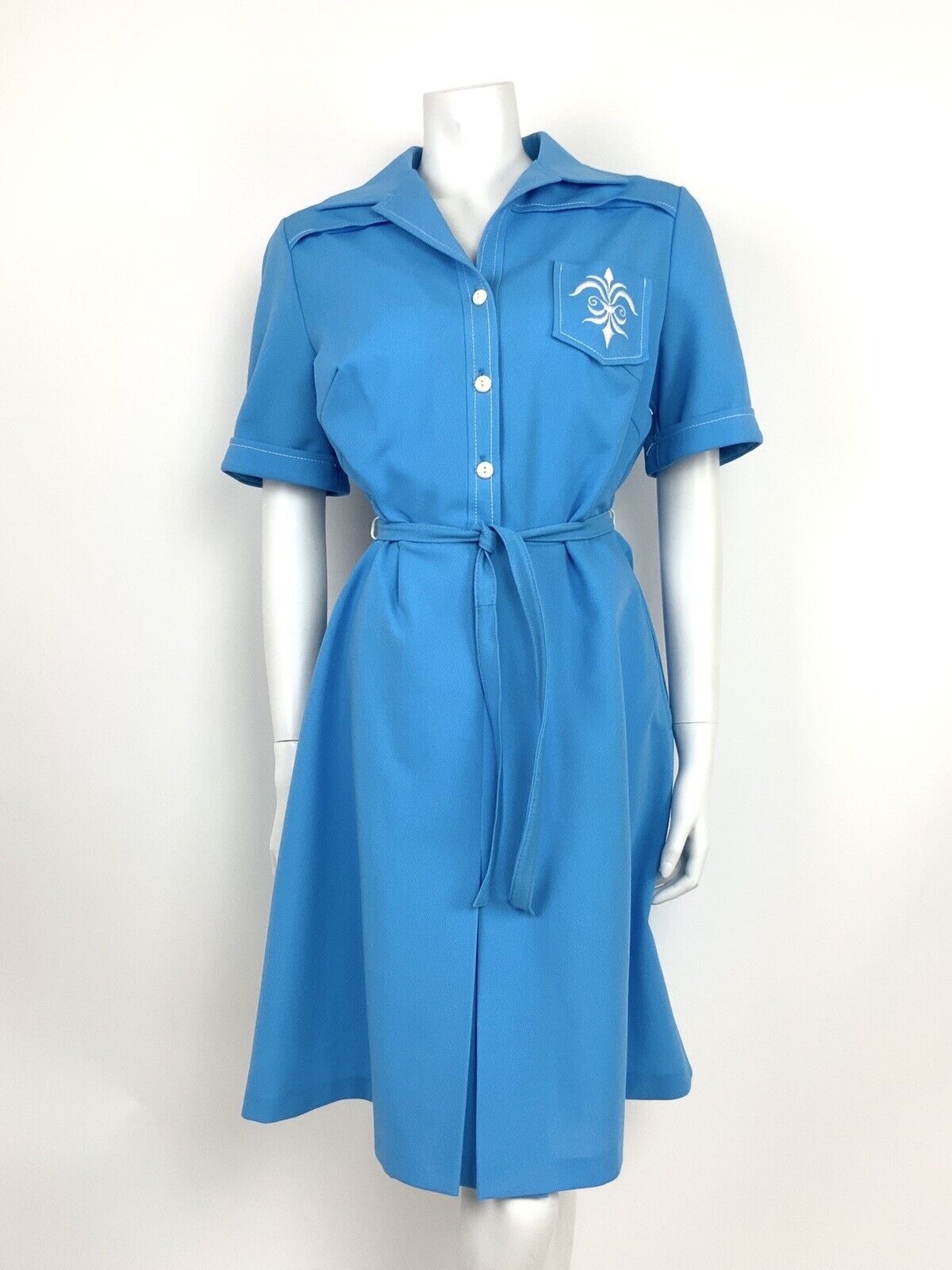VINTAGE 60s 70s BLUE WHITE FLEUR DE LIS SHIRT WAIST BELTED DRESS SUMMER 14 16