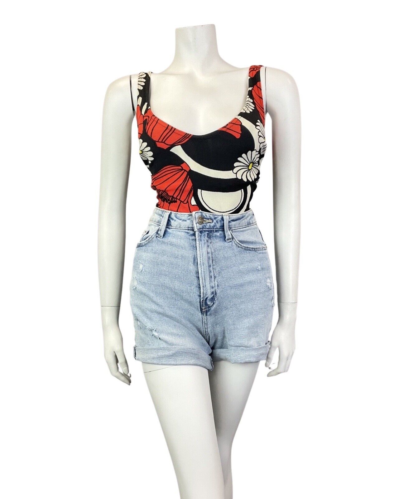VINTAGE 60s 70s BLACK WHITE RED FLORAL DAISY POPPY MOD LOW-RISE SWIMSUIT 10 12