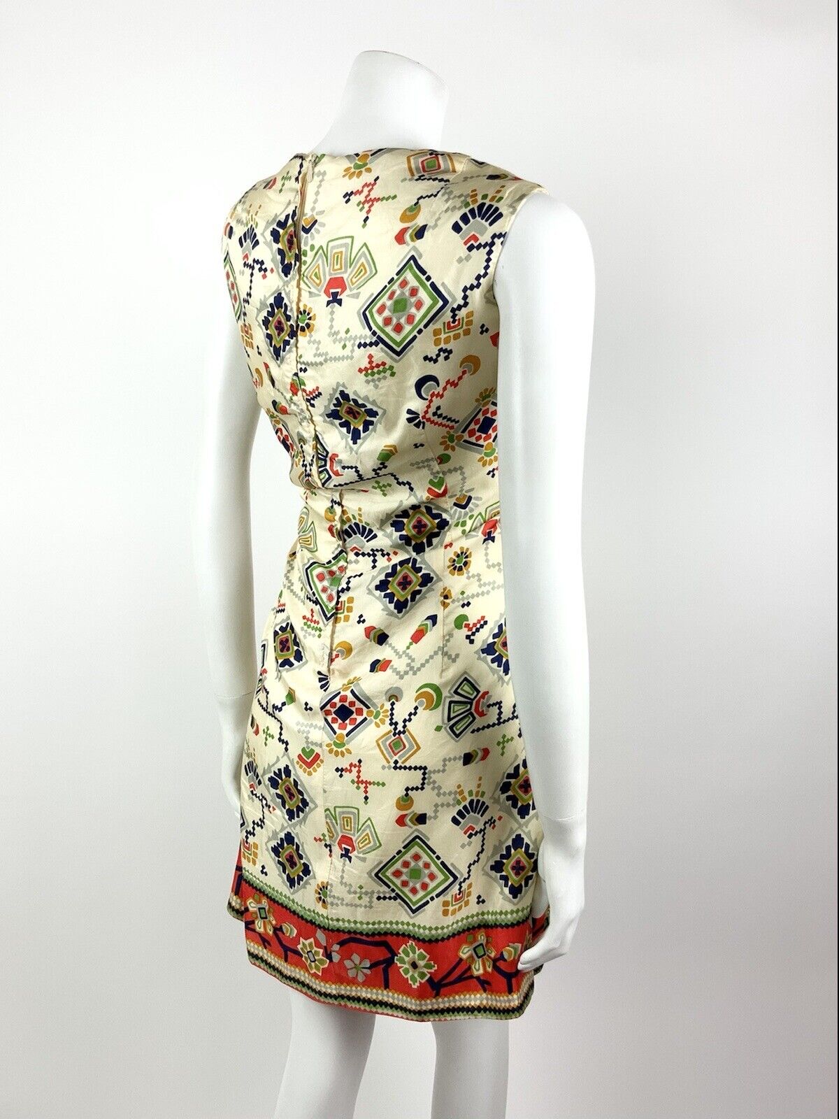 VINTAGE 60s 70s CREAM BLUE RED GREEN AZTEC FLORAL GEOMETRIC MOD DRESS 12 14