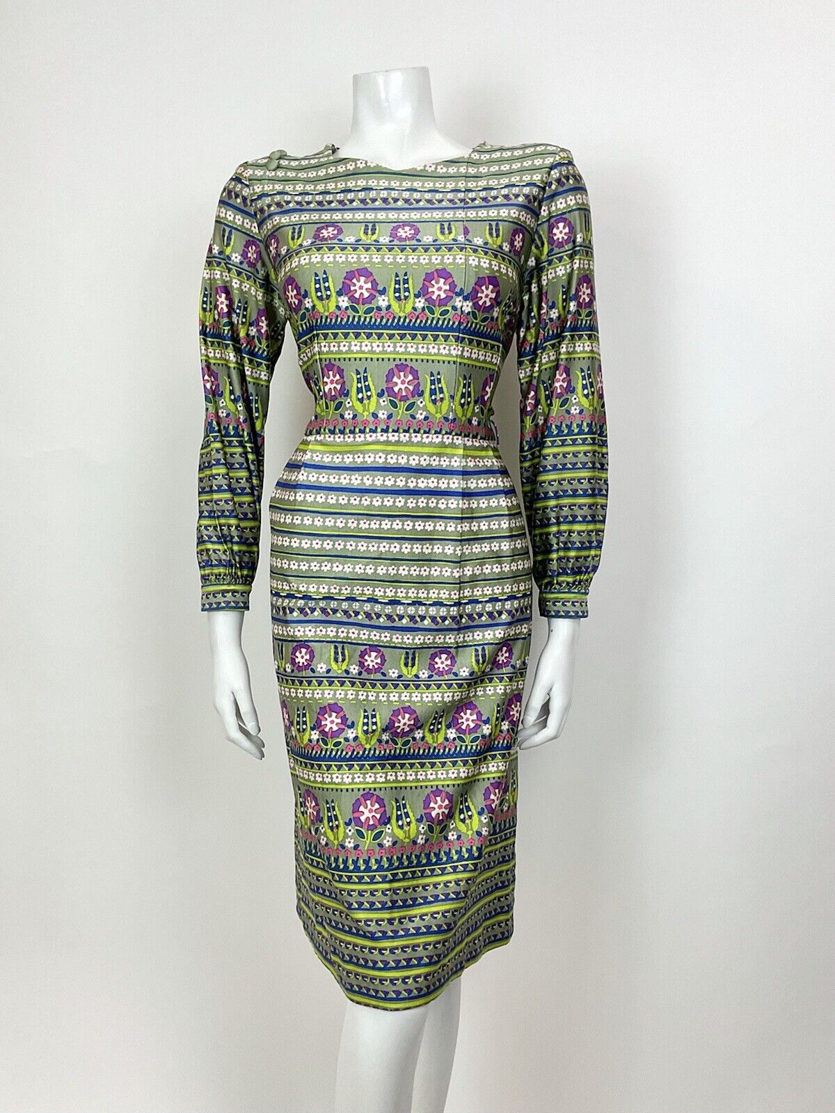 VTG 60s 70s GREEN BLUE PURPLE STRIPED DAISY GEOMETRIC MOD LONGSLEEVE DRESS 12 14