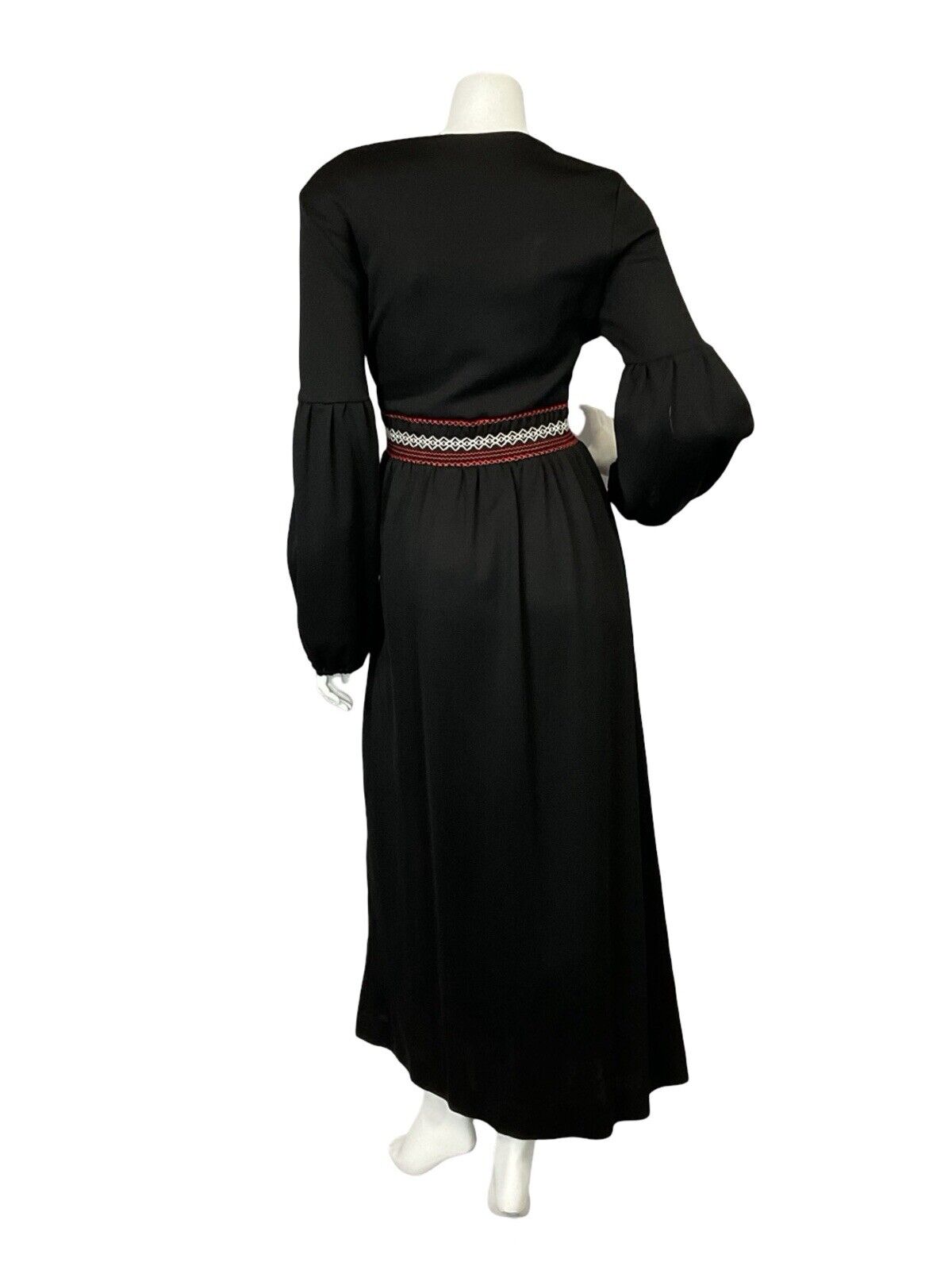 VTG 70S BLACK WHITE RED RUCHING JULIET SLEEVE BOHO HIPPY BUTTON UP MAXI DRESS 10