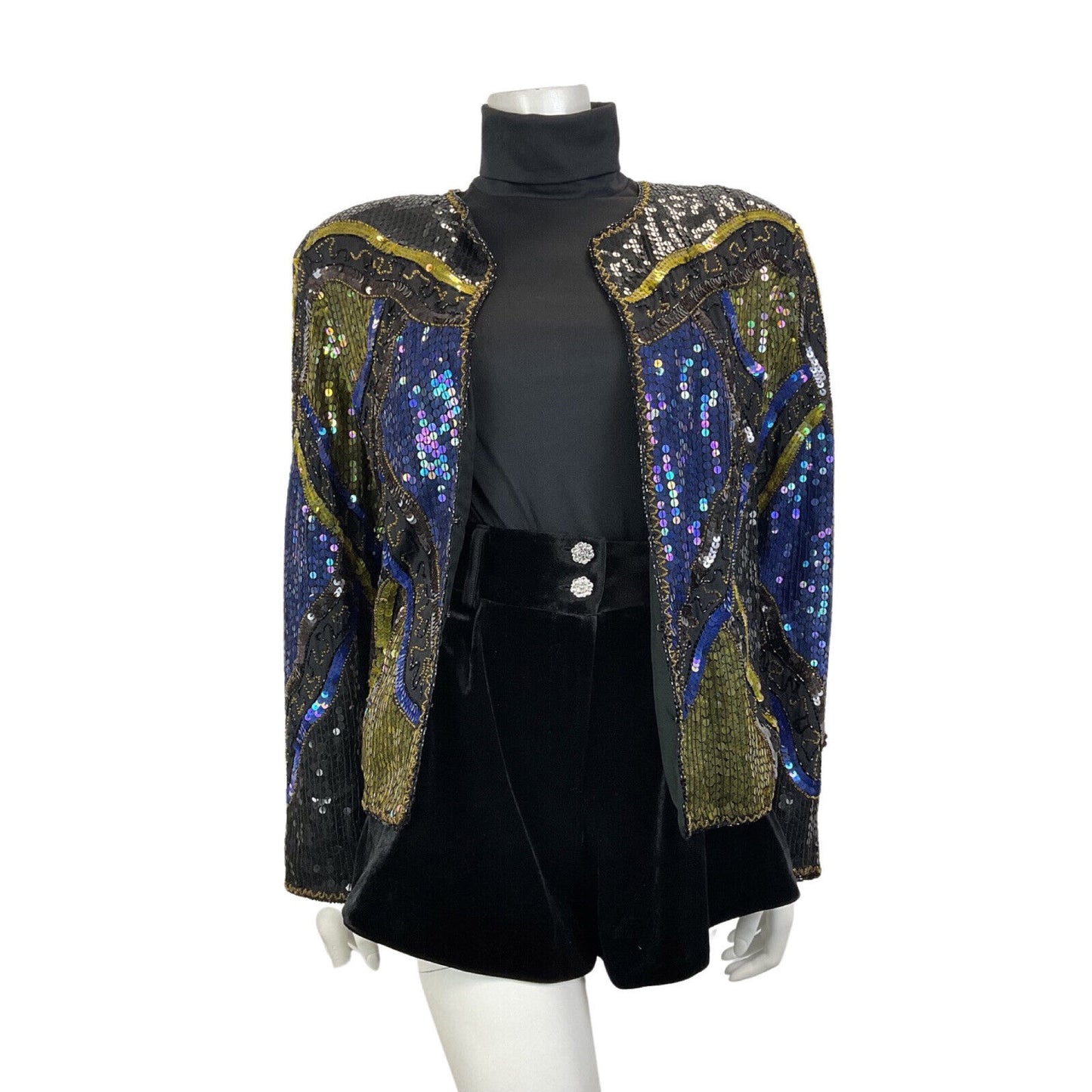 VINTAGE 70s 80s BLACK BLUE GOLD GEOMETRIC WAVY DISCO GLAM TROPHY JACKET 14 16