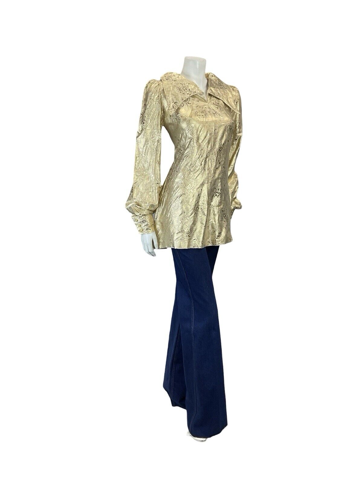 VTG 60S 70S GOLD BROCADE OVERSIZED COLLAR BISHOP SLEEVE PAISLEY TUNIC TOP 8 10 S