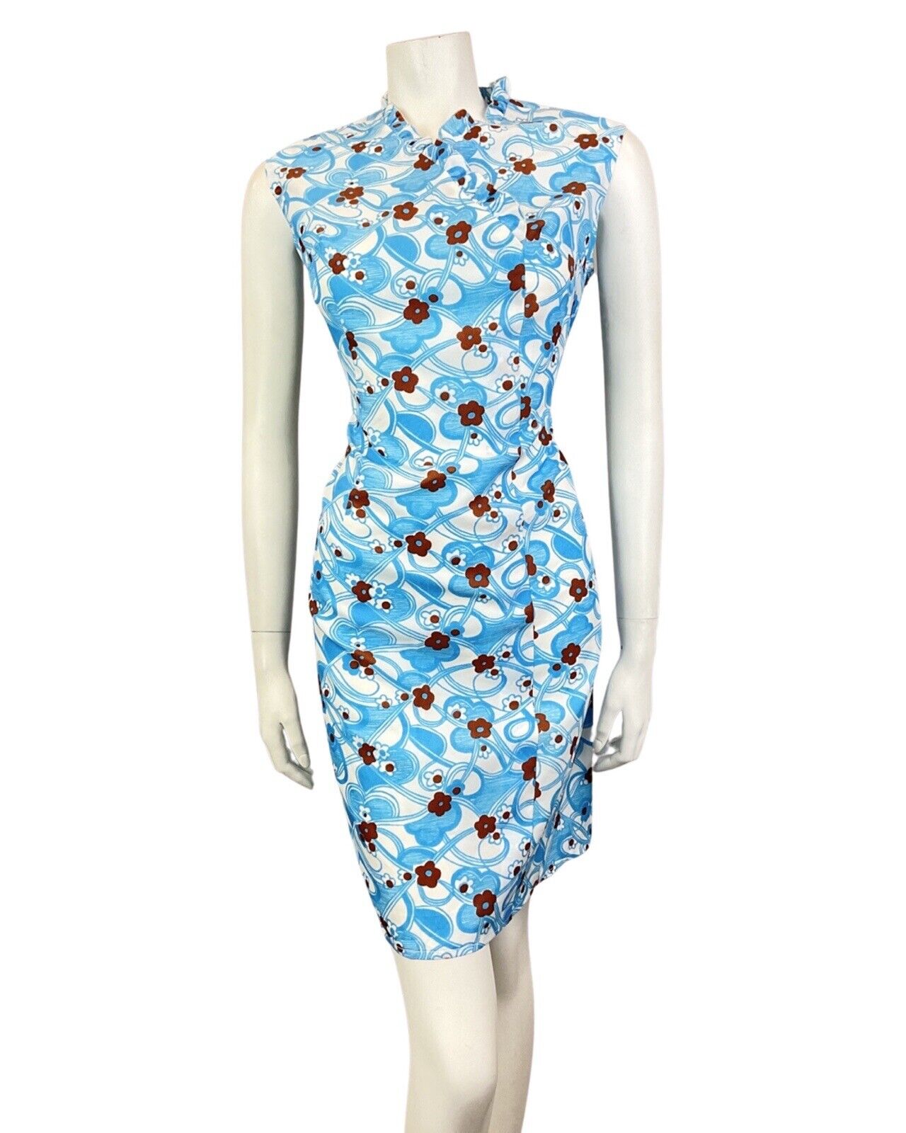 VINTAGE 60s 70s BLUE WHITE BROWN PSYCHEDELIC DAISY FLOWER MOD WIGGLE DRESS 14 16
