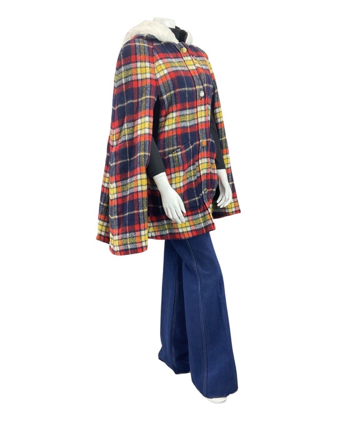 VINTAGE 60s BLUE RED WHITE TARTAN PLAID MOD FAUX-FUR HOODED WOOL CAPE 8