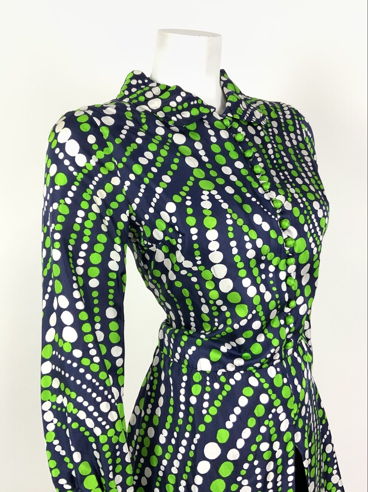VINTAGE 60s 70s NAVY BLUE GREEN WHITE DOTTY WAVY MOD SPLIT SHIRT DRESS 10
