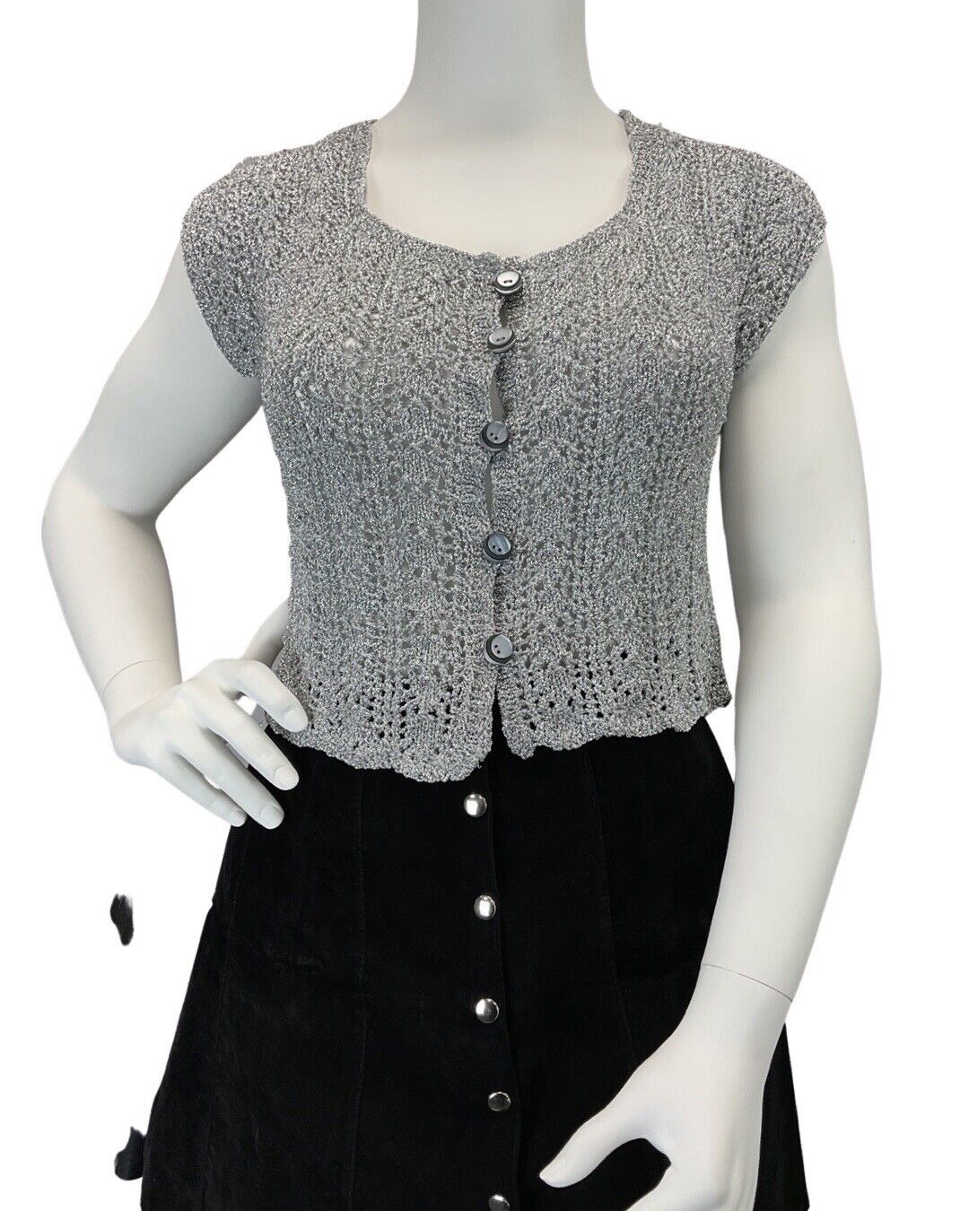 VINTAGE 60s 70s SILVER CROCHETED DISCO PARTY KNIT CROPPED VEST TOP 14 16