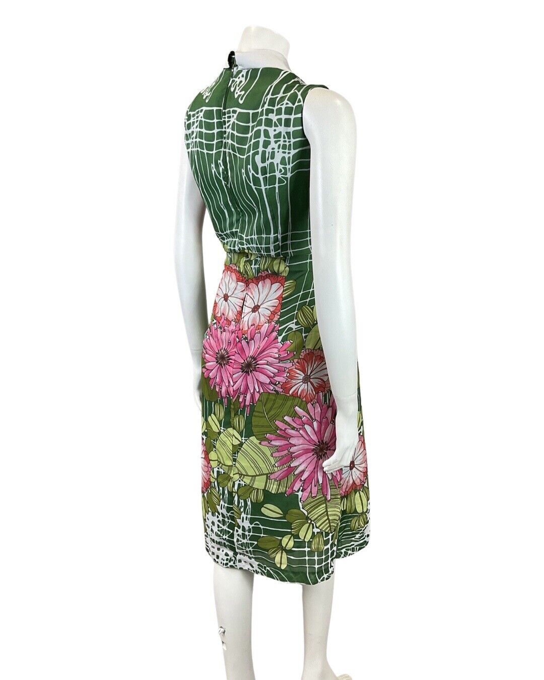 VINTAGE 70s GREEN PINK WHITE STRIPED FLORAL DAISY WING COLLAR DRESS 12